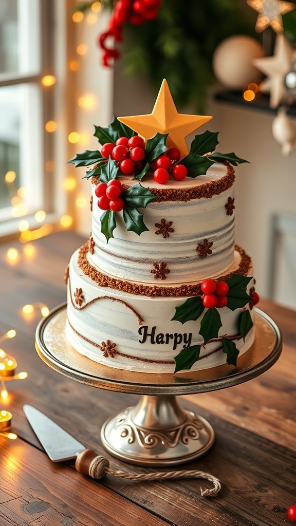 A two-tier Christmas cake decorated with holly, berries, and stars on a festive table.